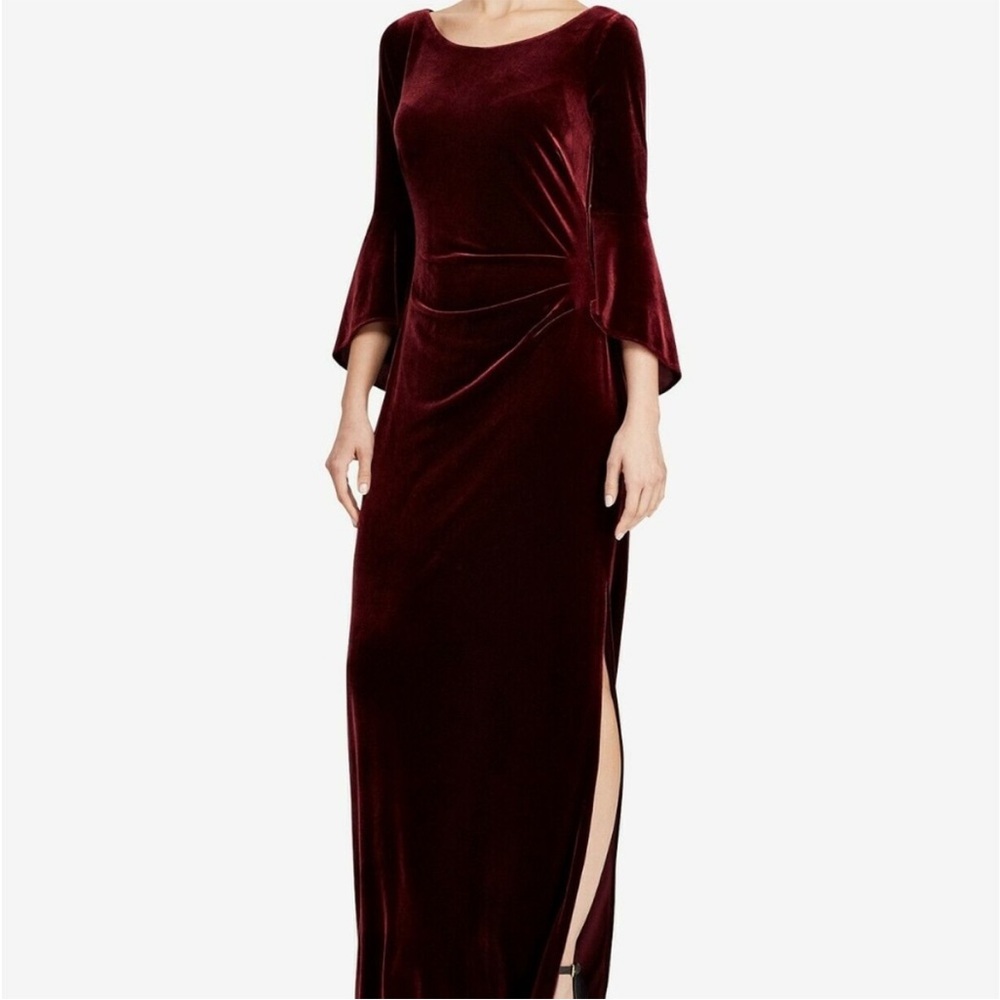 Ralph Lauren Deep Red Velvet Bell Sleeve Maxi Dress Gown SZ 14